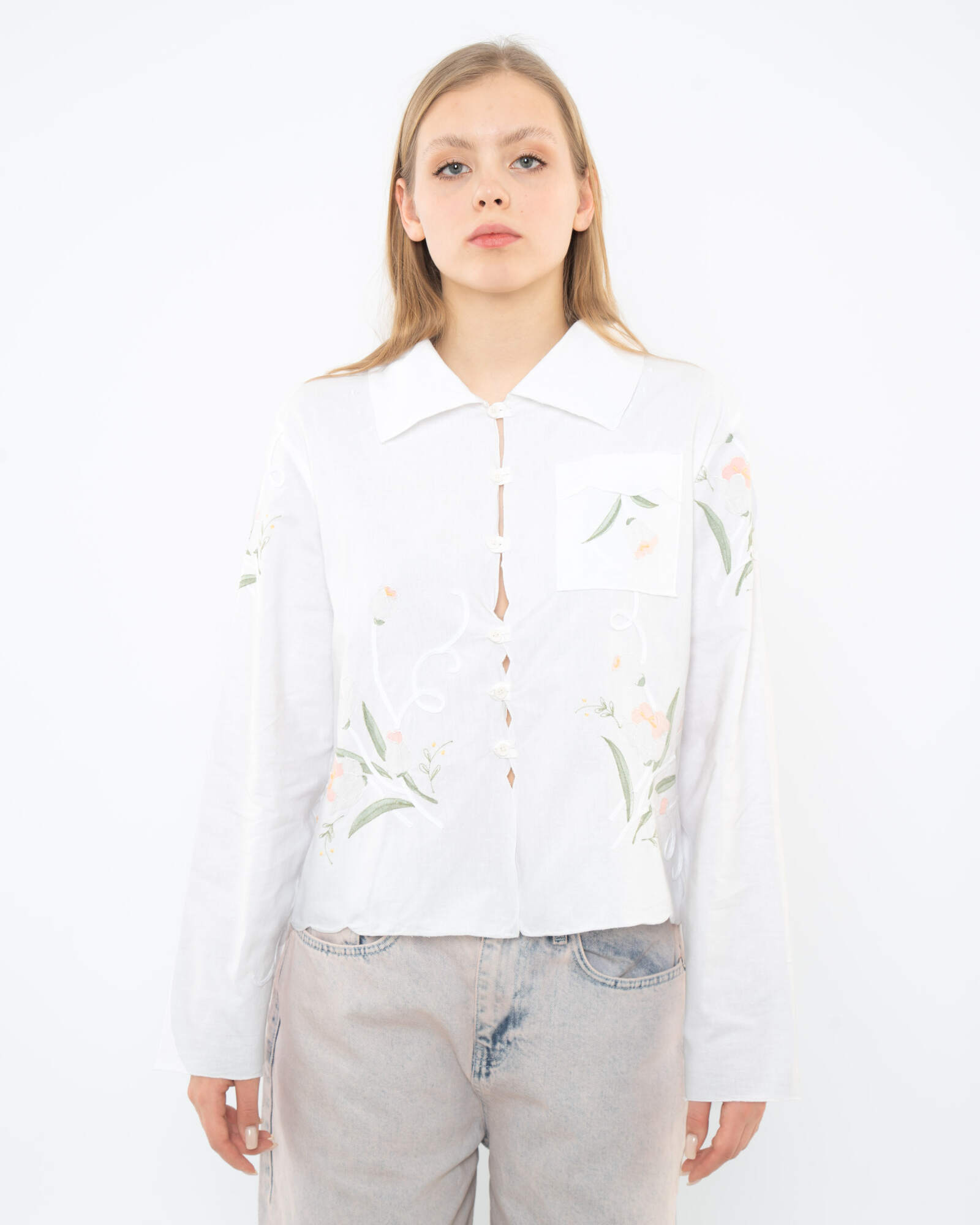 Рубашка SOEURS с Аппликациями из Цветов/White Applique Flowers Long Sleeve Shirt